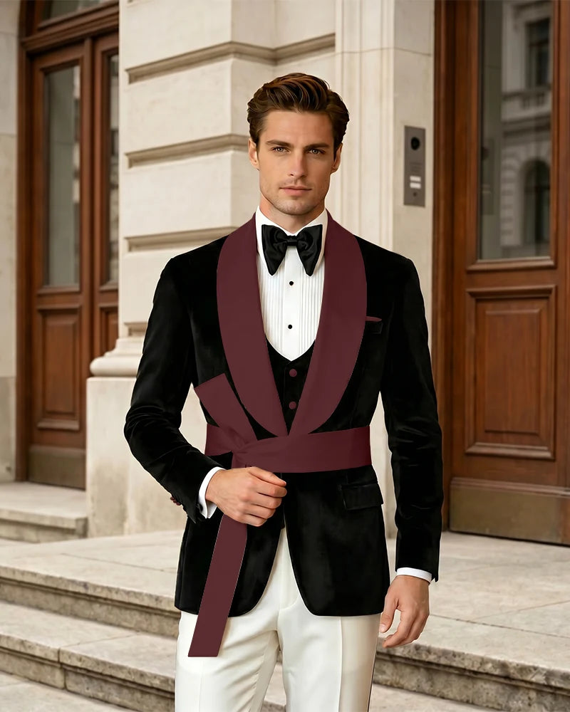 Shawl Collar Velvet Wedding Groom Suit With Waist Sash