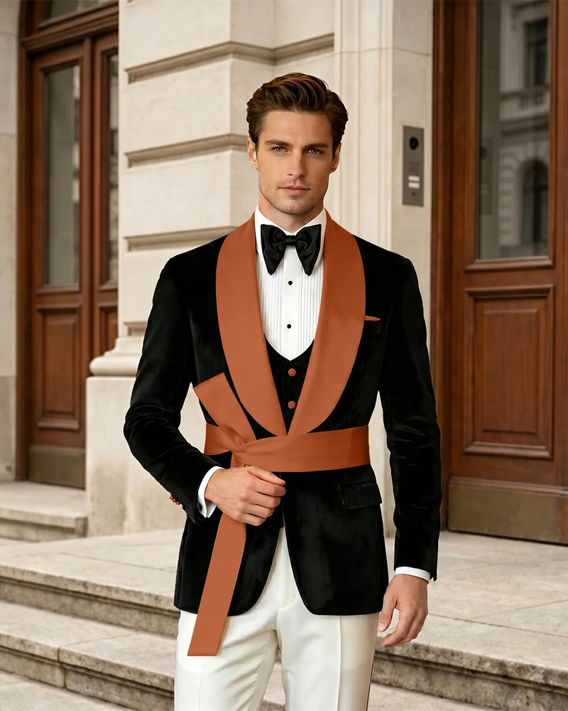 Shawl Collar Velvet Wedding Groom Suit With Waist Sash