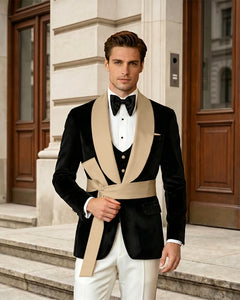 Shawl Collar Velvet Wedding Groom Suit With Waist Sash
