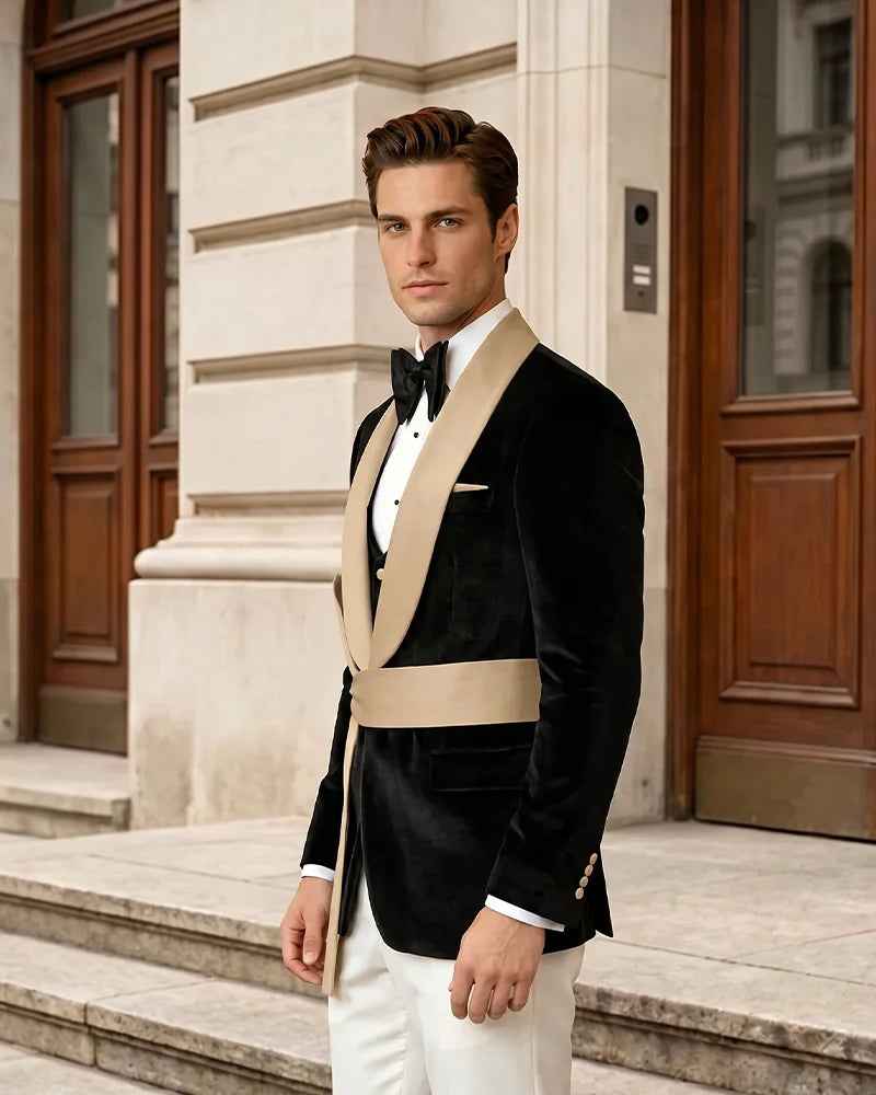 Velvet Shawl Lapel 3 Piece Suit with Contrast Lapel & Waist Sash-Champagne-2