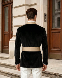 Velvet Shawl Lapel 3 Piece Suit with Contrast Lapel & Waist Sash-Champagne-3