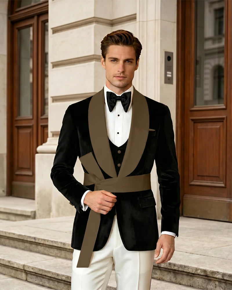 Shawl Collar Velvet Wedding Groom Suit With Waist Sash