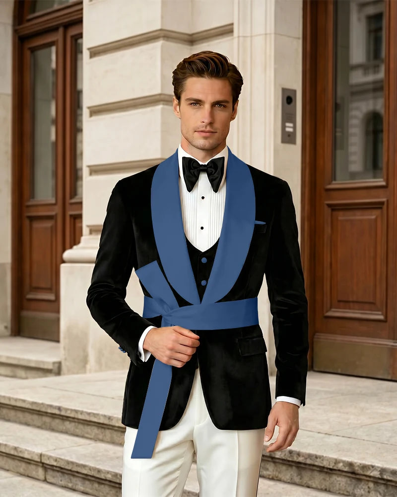 Shawl Collar Velvet Wedding Groom Suit With Waist Sash