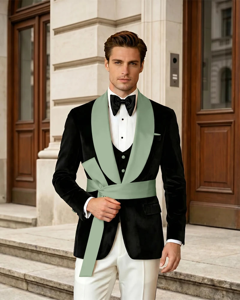 Shawl Collar Velvet Wedding Groom Suit With Waist Sash