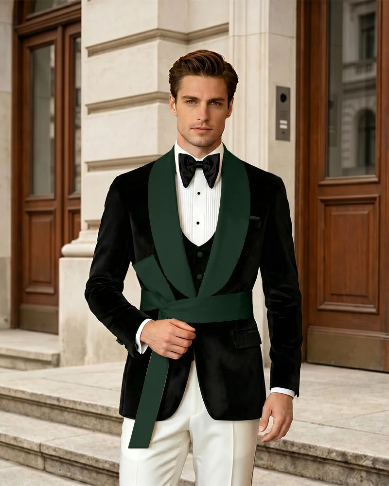 Shawl Collar Velvet Wedding Groom Suit With Waist Sash