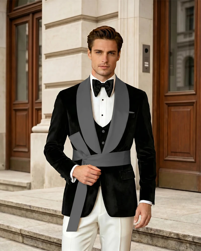 Shawl Collar Velvet Wedding Groom Suit With Waist Sash