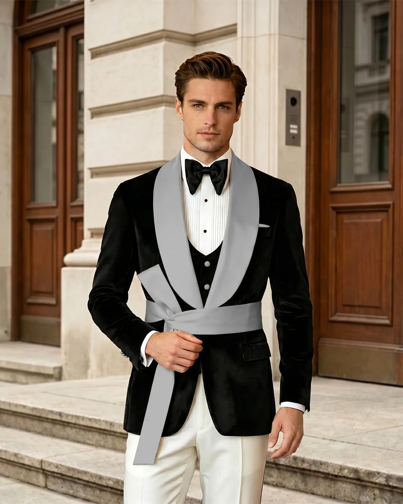Shawl Collar Velvet Wedding Groom Suit With Waist Sash