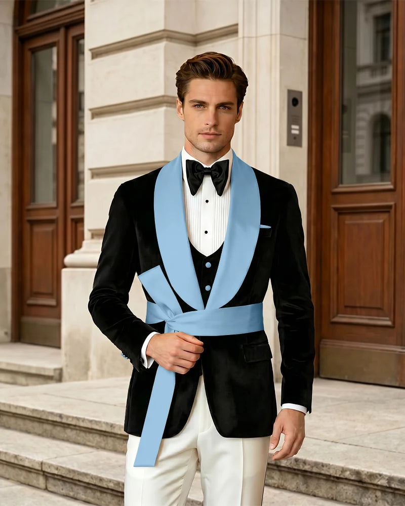 Shawl Collar Velvet Wedding Groom Suit With Waist Sash