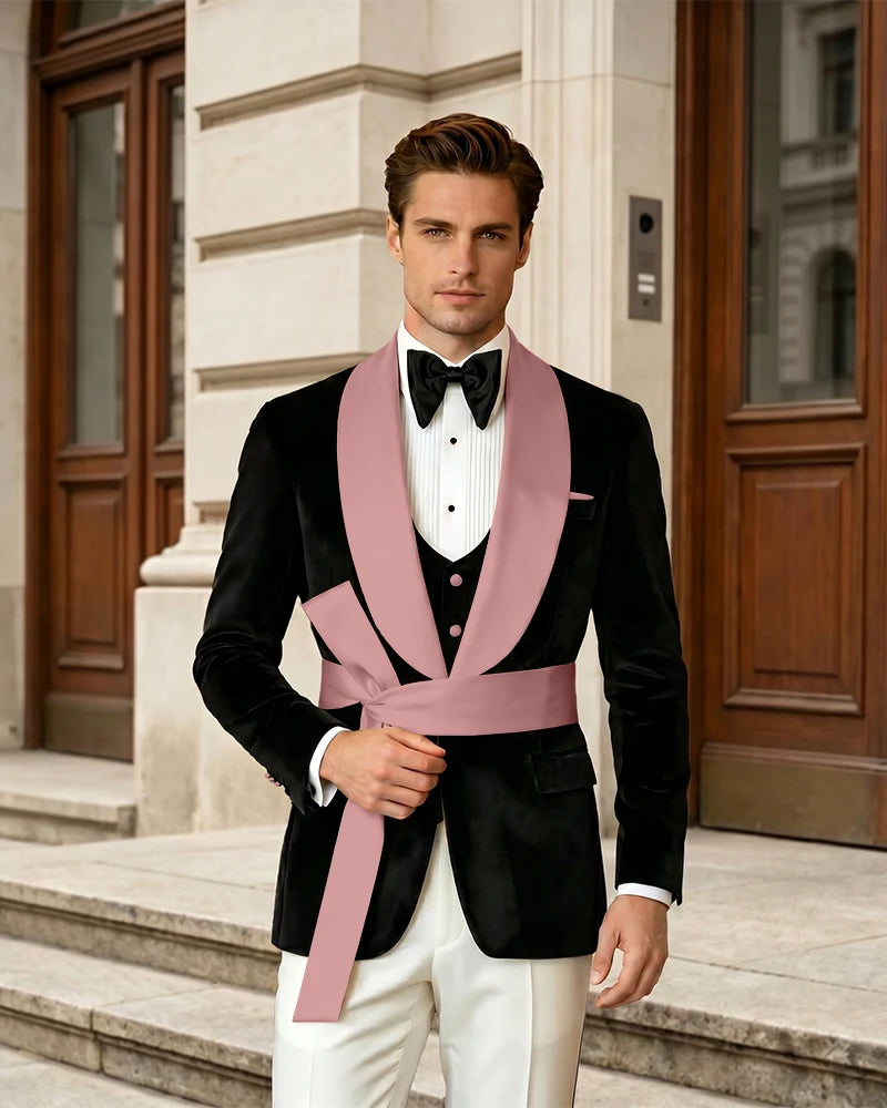 Shawl Collar Velvet Wedding Groom Suit With Waist Sash