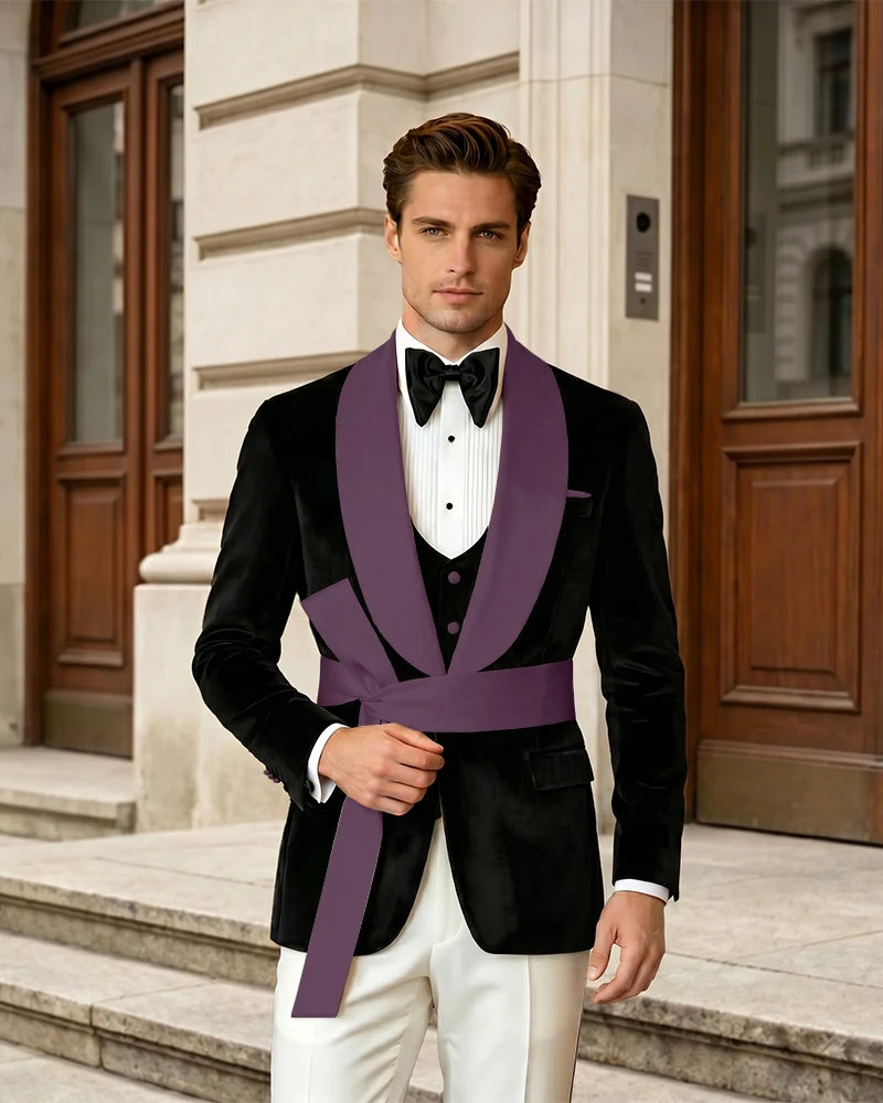 Shawl Collar Velvet Wedding Groom Suit With Waist Sash
