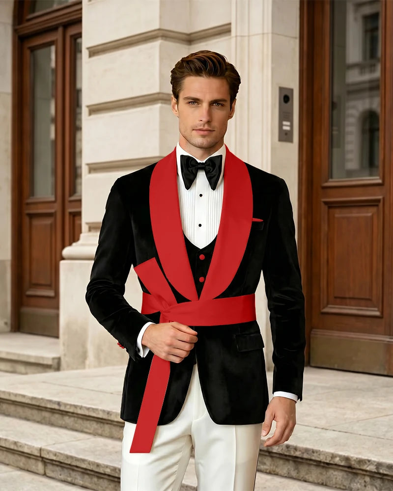 Shawl Collar Velvet Wedding Groom Suit With Waist Sash