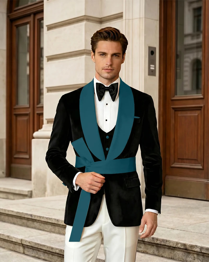 Shawl Collar Velvet Wedding Groom Suit With Waist Sash