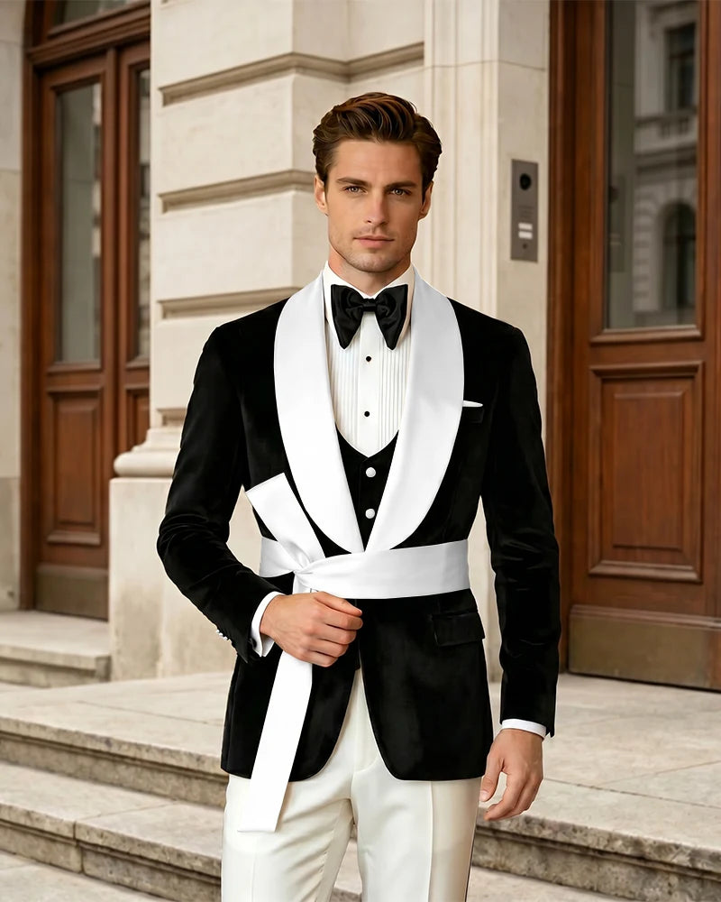 Shawl Collar Velvet Wedding Groom Suit With Waist Sash