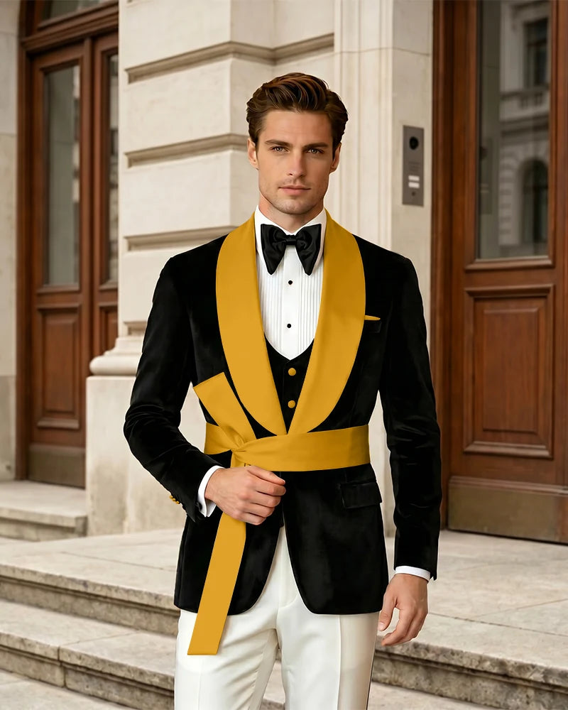 Shawl Collar Velvet Wedding Groom Suit With Waist Sash