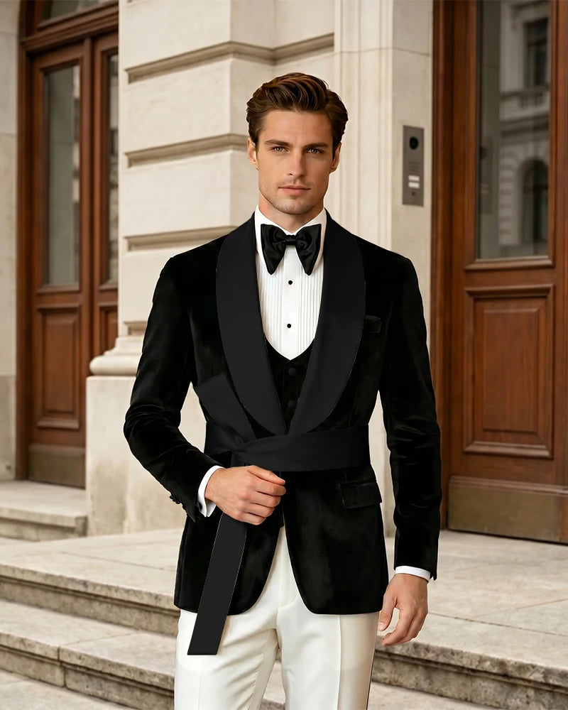 Shawl Collar Velvet Wedding Groom Suit With Waist Sash