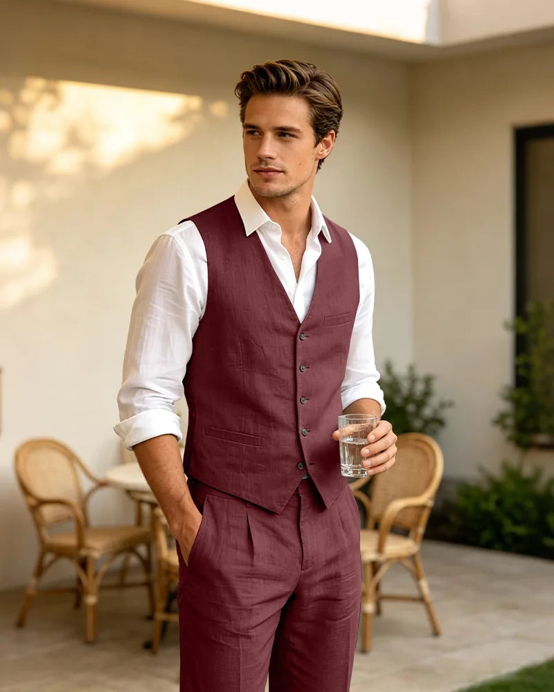 Summer Linen Blend V-Neck 2 Piece Vest Suit