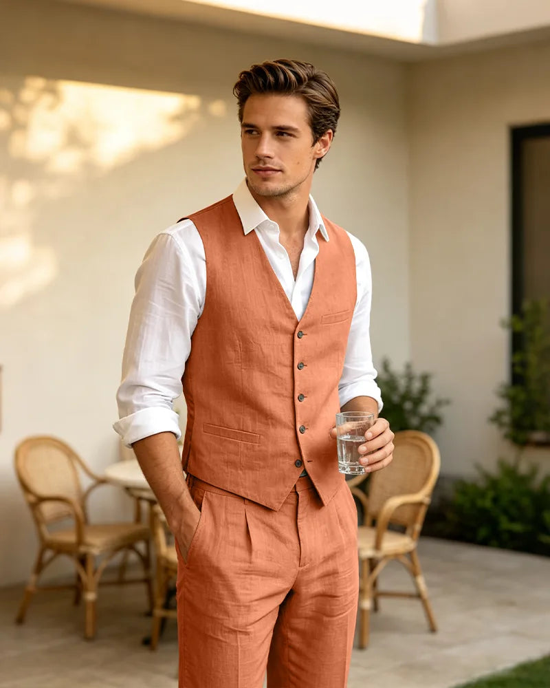Summer Linen Blend V-Neck 2 Piece Vest Suit