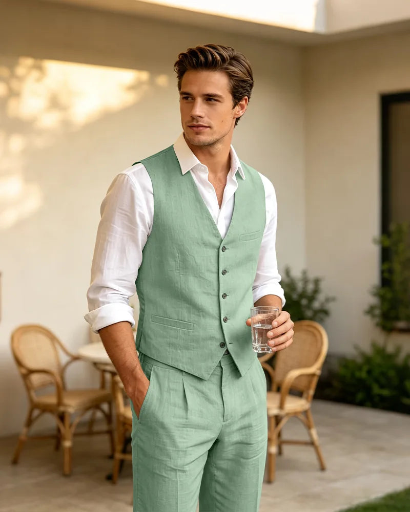 Summer Linen Blend V-Neck 2 Piece Vest Suit
