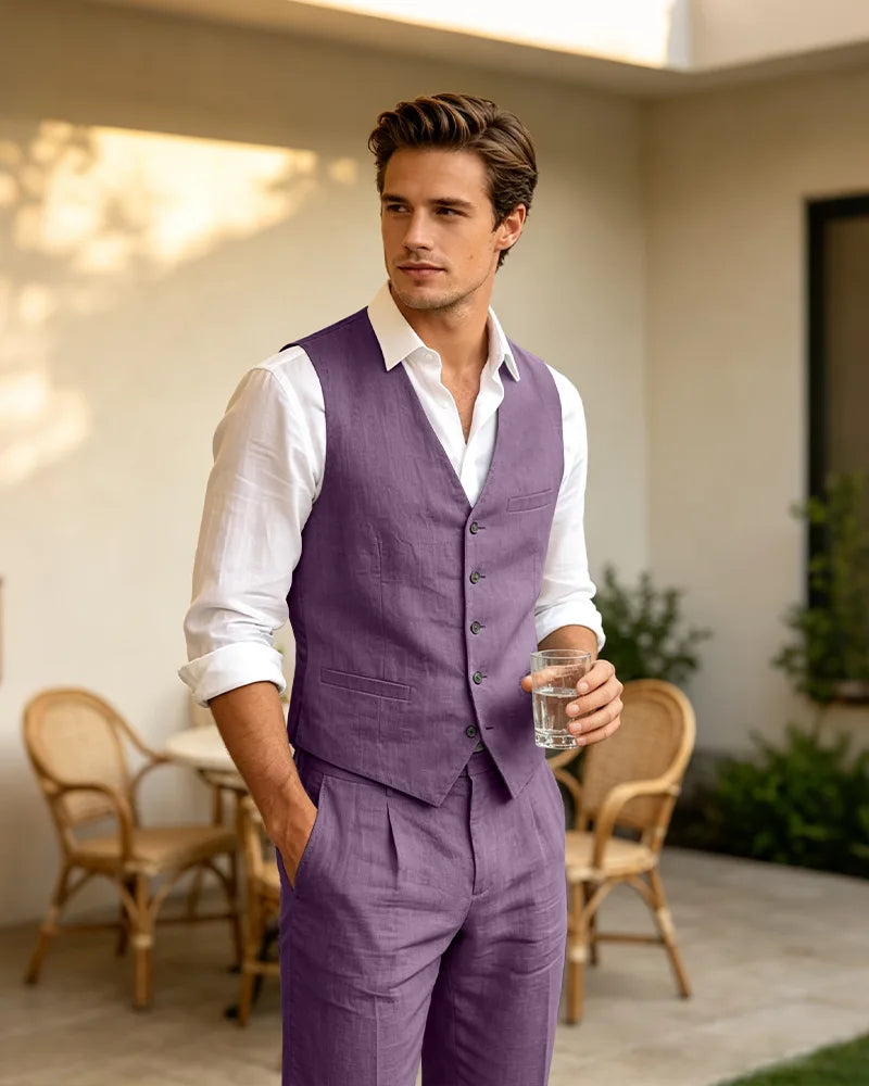 Summer Linen Blend V-Neck 2 Piece Vest Suit