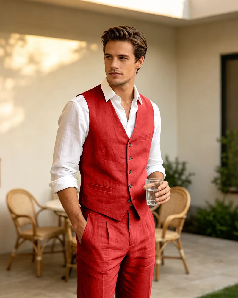 Summer Linen Blend V-Neck 2 Piece Vest Suit