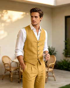 Summer Linen Blend V-Neck 2 Piece Vest Suit