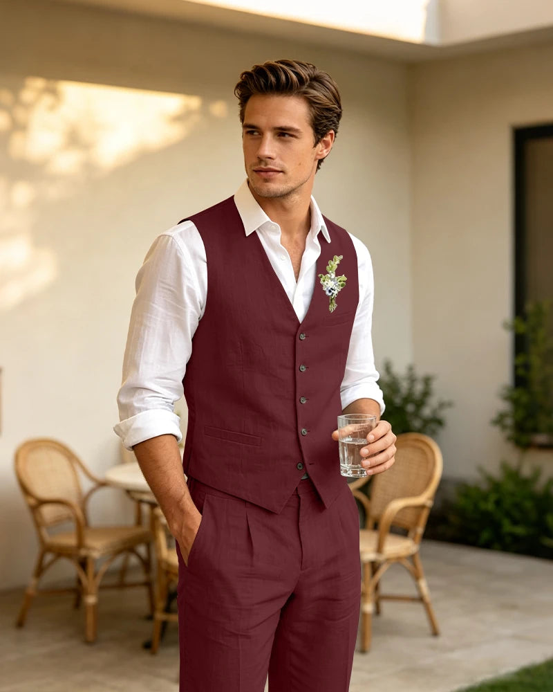 Summer Linen Vest Pants 2 Piece Suit
