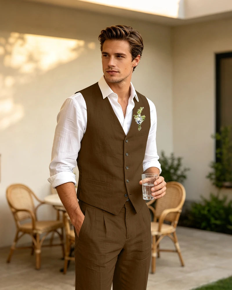Summer Linen Blend V-Neck 2 Piece Vest Suit-DarkBrown-1