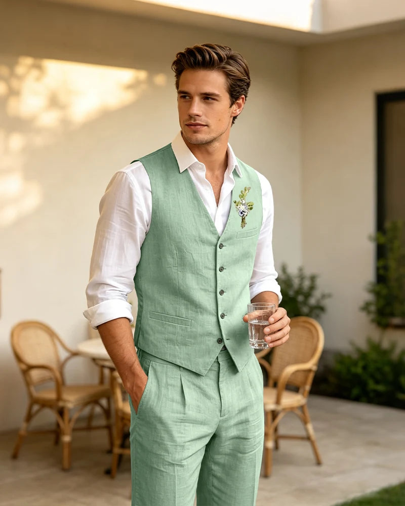 Summer Linen Vest Pants 2 Piece Suit