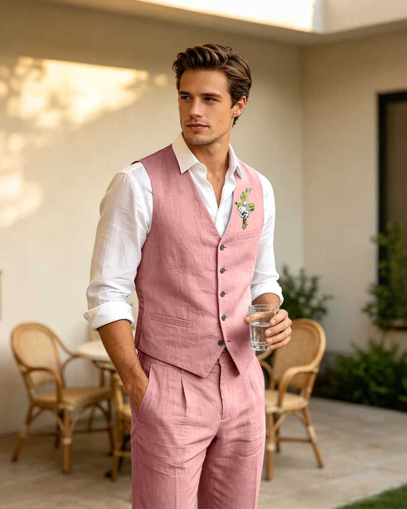 Summer Linen Vest Pants 2 Piece Suit