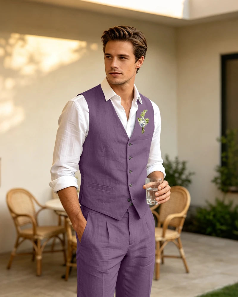 Summer Linen Vest Pants 2 Piece Suit