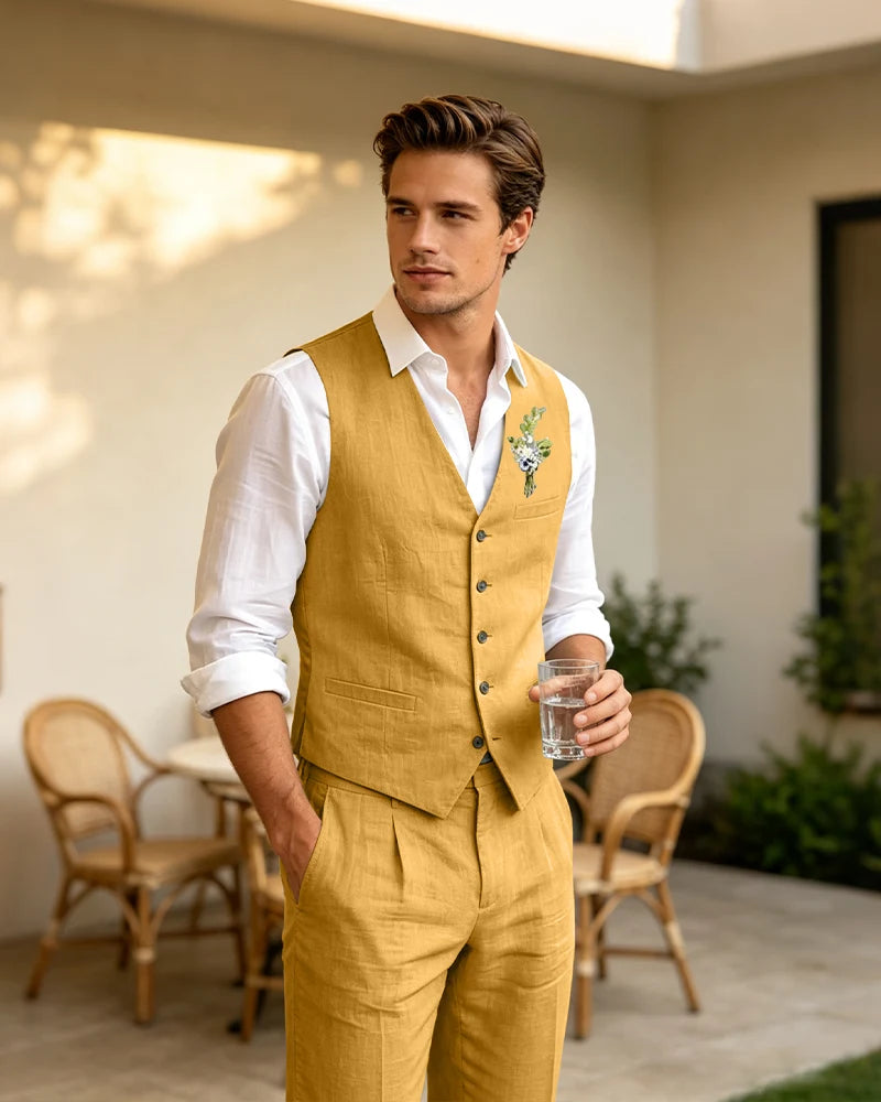 Summer Linen Vest Pants 2 Piece Suit