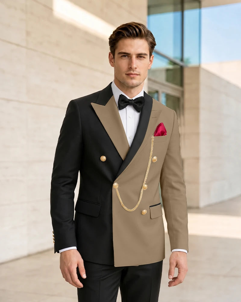 Asymmetric Contrast Peak Lapel Formal 2 Piece Suit-Brown-1