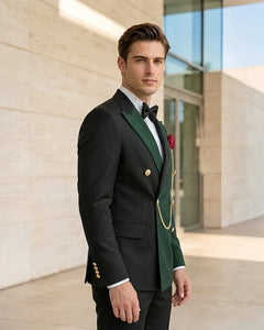 Asymmetric Contrast Peak Lapel Formal 2 Piece Suit-Green-2