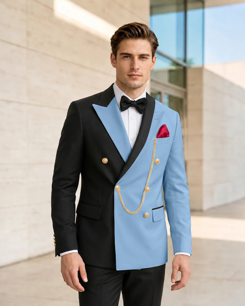Asymmetric Contrast Peak Lapel Formal 2 Piece Suit-LightSkyBlue-1