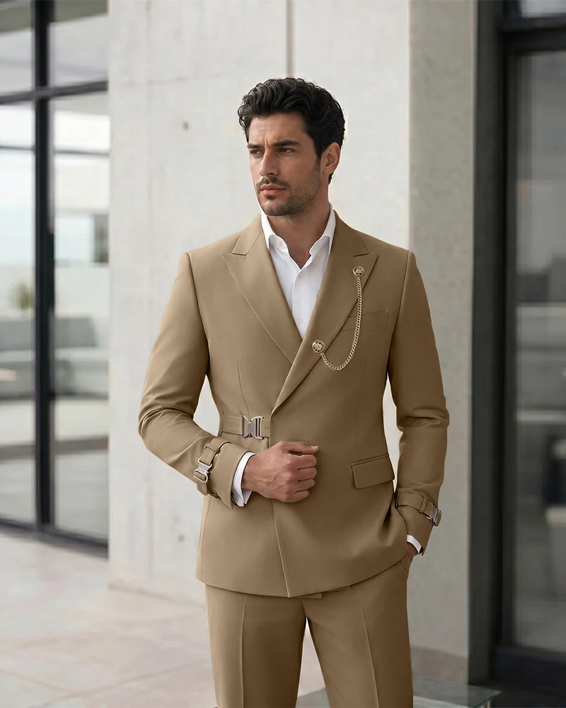 Adjustable Buckle Waist Formal 2 Piece Suit-Brown-1