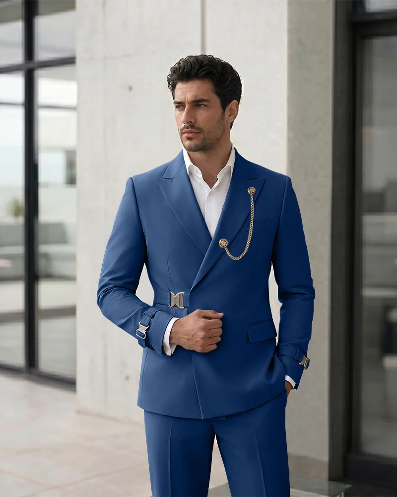 Adjustable Buckle Waist Formal 2 Piece Suit-DarkNavy-1