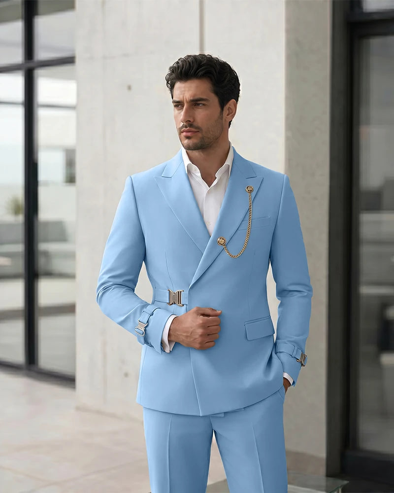 Adjustable Buckle Waist Formal 2 Piece Suit-LightSkyBlue-1