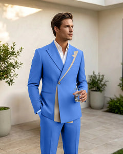 Two-Tone Diagonal Contrast Peak Lapel 2 Piece Suit-Blue-1