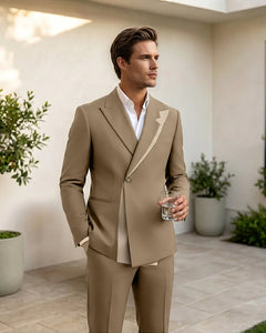 Two-Tone Diagonal Contrast Peak Lapel 2 Piece Suit-Brown-1
