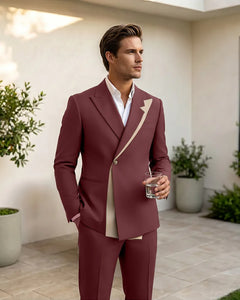 Two-Tone Diagonal Contrast Peak Lapel 2 Piece Suit-Burgundy-1