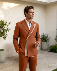 Two-Tone Diagonal Contrast Peak Lapel 2 Piece Suit-BurntOrange-1