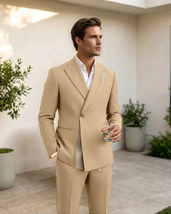 Two-Tone Diagonal Contrast Peak Lapel 2 Piece Suit-Champagne-1