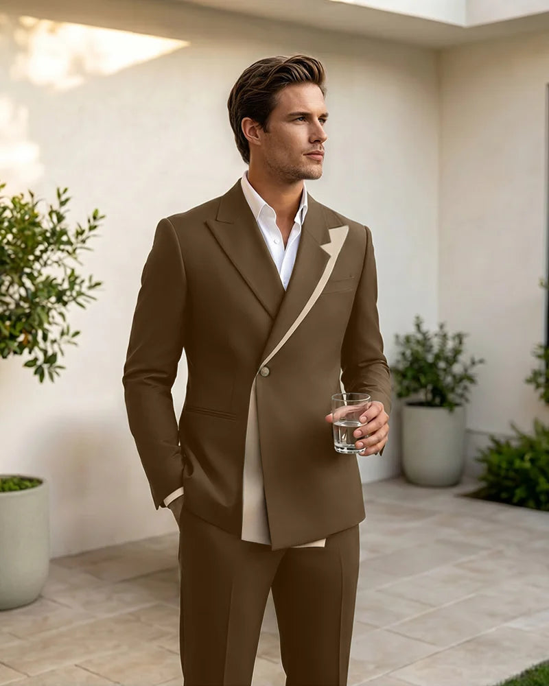 Two-Tone Diagonal Contrast Peak Lapel 2 Piece Suit-DarkBrown-1