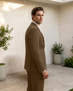 Two-Tone Diagonal Contrast Peak Lapel 2 Piece Suit-DarkBrown-2