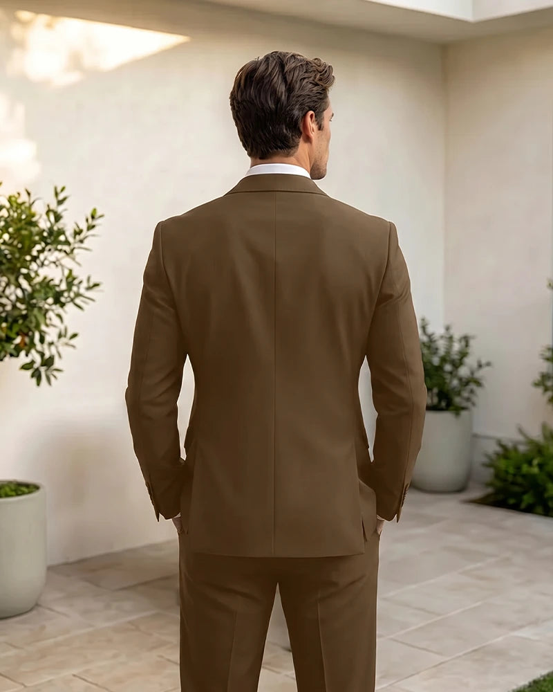 Two-Tone Diagonal Contrast Peak Lapel 2 Piece Suit-DarkBrown-3