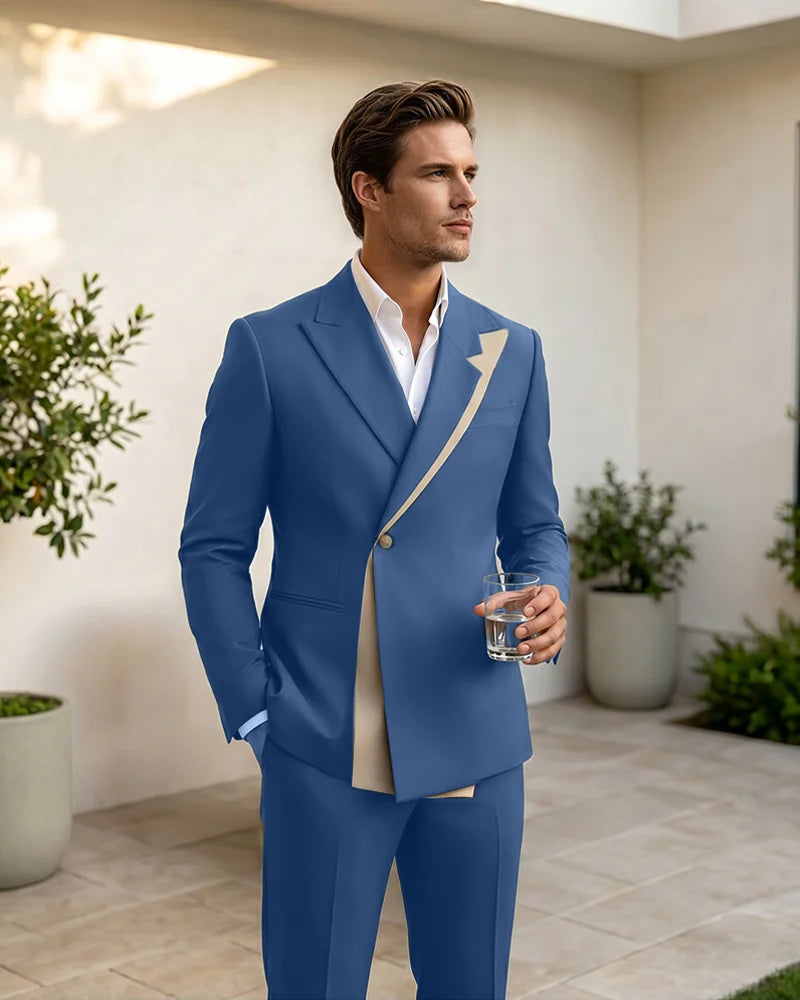Two-Tone Diagonal Contrast Peak Lapel 2 Piece Suit-DarkNavy-1