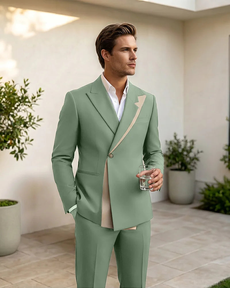 Two-Tone Diagonal Contrast Peak Lapel 2 Piece Suit-DustySage-1