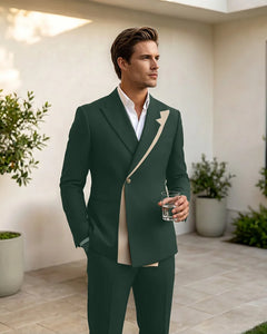 Two-Tone Diagonal Contrast Peak Lapel 2 Piece Suit-Green-1