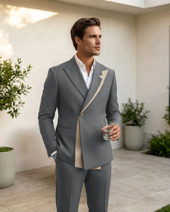 Two-Tone Diagonal Contrast Peak Lapel 2 Piece Suit-Grey-1