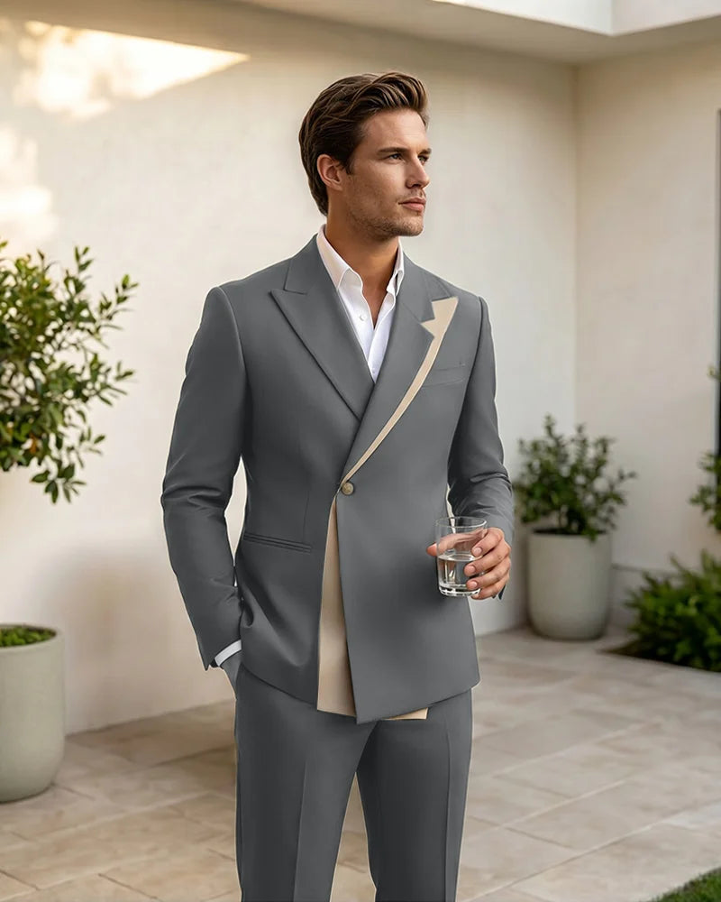 Two-Tone Diagonal Contrast Peak Lapel 2 Piece Suit-Grey-1